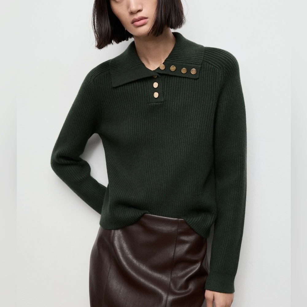 MANGO Women's Dark Green Ribbed Polo Sweater
